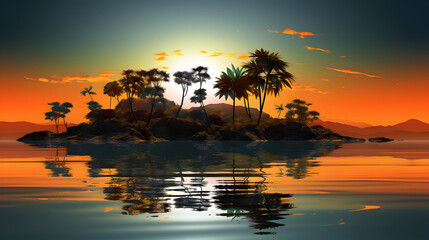 A sunset with palm trees on the island