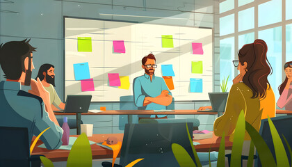 Clipart of a team meeting in a modern office with colorful post it notes on a whiteboard ar7 4 Generative AI