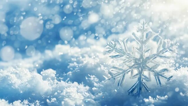 A snowflake is on top of a snowy field. The snowflake is surrounded by a blue sky and the snow is white. Concept of calm and serenity