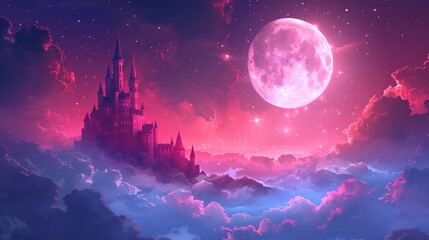 Naklejka premium A fairytale princess castle with tall towers and beautiful blue ping-colored clouds. Full moon. Digital art illustration. Generative ai