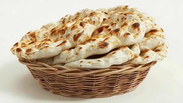 A basket of bread is filled with a variety of different types of bread. The basket is made of wicker and is placed on a white background. The bread appears to be freshly baked and is ready to be eaten