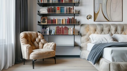 A luxury bedroom with a plush, velvet accent chair and a minimalist, wall-mounted bookshelf