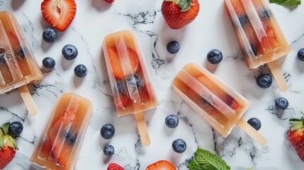 A colorful rectangle of natural foods art, featuring a dish of popsicles made with strawberries and...
