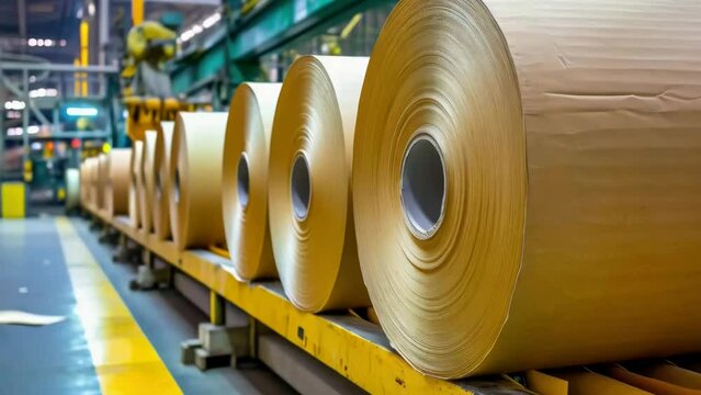 A conveyor belt with rolls of paper on it. The rolls are yellow and white