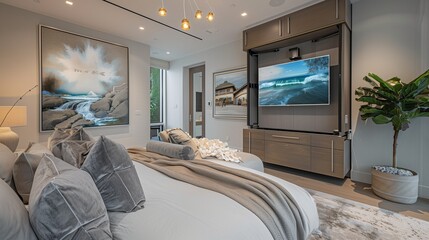 A luxury bedroom with a statement art installation and a hidden, motorized TV lift cabinet