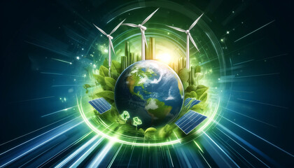 Obraz premium Showcasing a green planet with ample copy space, the composition is dynamic and dramatic. The digital illustration of Earth features green energy elements such as wind turbines and solar panels.