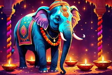 Illustration of an elephant at Diawali night, Diwali decorations, Indian elephant
