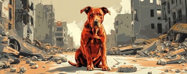 A homeless red dog against the backdrop of a ruined city after an earthquake, a homeless animal after the disaster in Turkey and Syria, a lonely dog left behind.  simple illustration