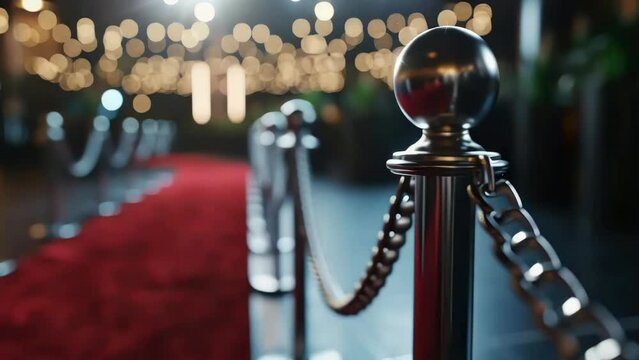 A red carpet with a metal chain attached to it. The chain is hanging down and is not attached to anything
