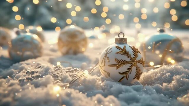 A white and gold ornament with a snowflake design sits on a snowy ground. The scene is lit up by lights, creating a warm and festive atmosphere