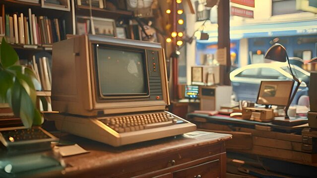 Vintage Computer on Desk in Retro Shop with Ai generated.
