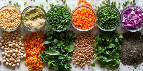 Fototapeta premium Wholesome ingredients for plant-based spring recipes. illustration