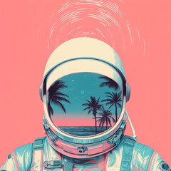 Astronaut with palm trees in pink colors