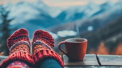A person wearing red socks is sitting on a wooden deck with a cup of coffee in front of them. Concept of relaxation and warmth