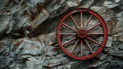 Obraz premium Red vintage wagon wheel mounted on a rugged rocky wall, weathered texture adding historical charm
