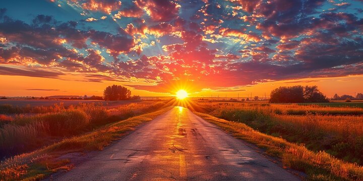 beautiful sun rising sky with asphalt highways road in rural sce illustration