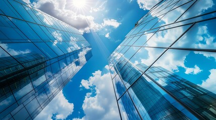Wide Angle Shot of Modern Office Buildings Reflecting Sky with Clouds