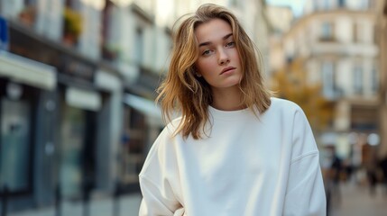 Fototapeta premium Young Woman Wearing Blank White Crewneck Sweatshirt on a City Street