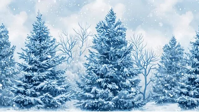 A snowy landscape with a row of pine trees. The trees are covered in snow and appear to be bare. The sky is cloudy and the snow is falling, creating a serene and peaceful atmosphere