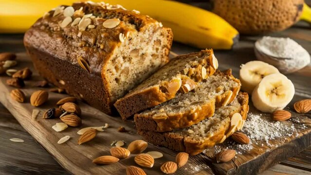 A loaf of banana bread with nuts and banana slices on a wooden cutting board. The bread is sliced and ready to be eaten
