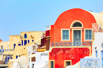 Oia, Santorini, Greece famous village town in Cyclades island with colorful houses panoramic view