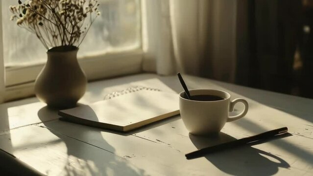 A white mug with a spoon and a notebook with a pen on a table. The mug is filled with coffee and the notebook is open. The scene is peaceful and relaxing, with the sunlight shining on the table
