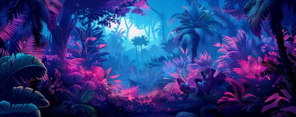 A cybernetic rainforest teeming with life, where biomechanical creatures and augmented plants coexist amidst the neon-lit foliage, creating a vibrant ecosystem. illustration.