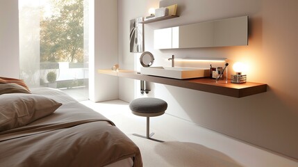 A modern bedroom with a minimalist, wall-mounted vanity and a hidden, retractable stool