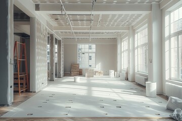Spacious, brightly lit empty room under renovation with large windows