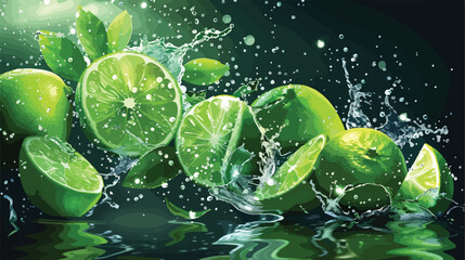 Fresh limes with water splashes on dark background Vector