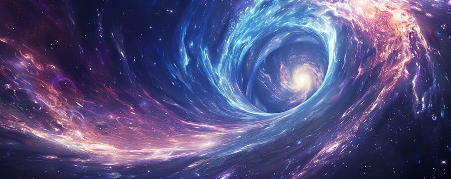 A cosmic portal opening onto distant galaxies and unknown worlds, its swirling vortex of energy a gateway to the stars.   illustration.