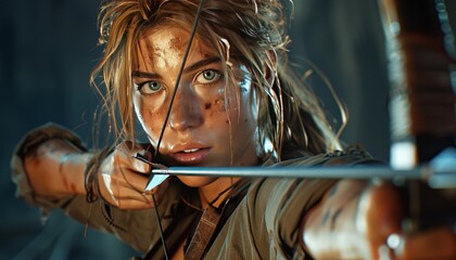 Close up of archer s intense focus on target  depicting summer olympics sports concept