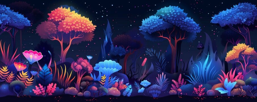 A bioluminescent forest aglow with vibrant hues, where enchanted flora and fauna thrive in the phosphorescent light, creating an otherworldly spectacle.   illustration.