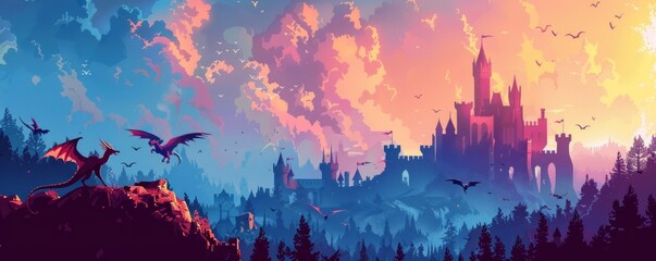 A fantastical realm of magic and adventure, where knights ride dragons and wizards cast spells amidst sprawling castles and enchanted forests.   illustration.