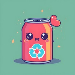 Obraz premium Adorable Kawaii Aluminum Can with Recycling Emblem on Clean Minimalist Background