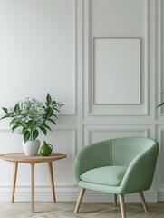 Fototapeta premium Frame mockup. Home interior with light green chair and mini table, wall poster frame. 3D render