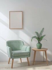 Frame mockup. Home interior with light green chair and mini table, wall poster frame. 3D render