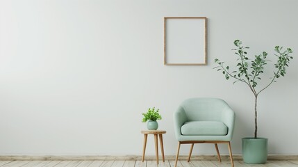 Frame mockup. Home interior with light green chair and mini table, wall poster frame. 3D render