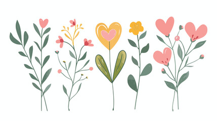 Heartshaped flowers with leaf. Wild floral plants 