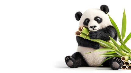 Cheerful Panda Hugging Recycled Bamboo Products on Isolated White Background