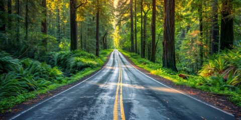 Fototapeta premium Scenic road in Redwood National Forest illustration