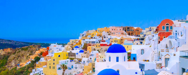 Oia, Santorini, Greece in cyclades island with colorful houses and blue church domes panorama banner