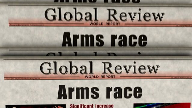 Arms race cold war political conflict vintage news and newspaper printing. Abstract concept retro headlines 3d.
