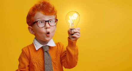 A young boy with red hair and glasses holding up an illuminated light bulb against a yellow background. 
