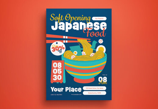 Blue Flat Design Soft Opening Japan Food Flyer Layout