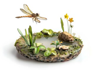 Enchanting Dragonfly Hovers Over Recycled Pond Miniature in Whimsical Nature Scene