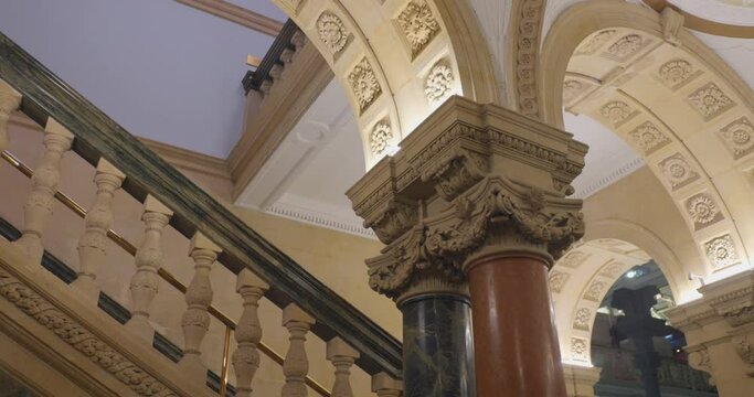 Closeup shot of interior of National museum of Ireland, Archeology building in Dublin, Ireland. 4k..