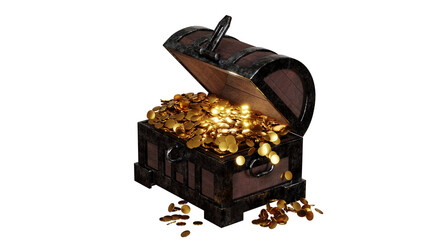 Open treasure chest box with gold coins old dirty metal edge side view 3D rendering