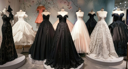 A display of elegant wedding dresses in various colors and styles, including black gowns with lace accents and white dresses with long trains. The setting is an upscale boutique with mannequins