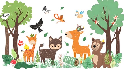 Obraz premium Joyful Forest Creatures Surrounded by Recycled Materials in Serene Nature Scene